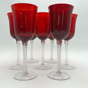 Long Stem, Hand Blown, Red with Clear Twisted Stem Wine Glasses, Set of 7, Tulip